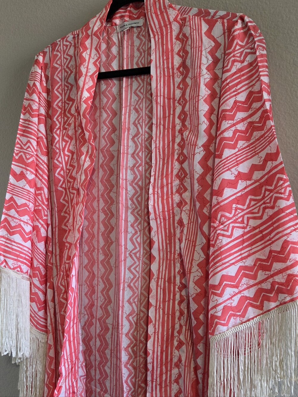 Boho Fringe Open-Front Pink Patterned Kimono by Unknown Brand